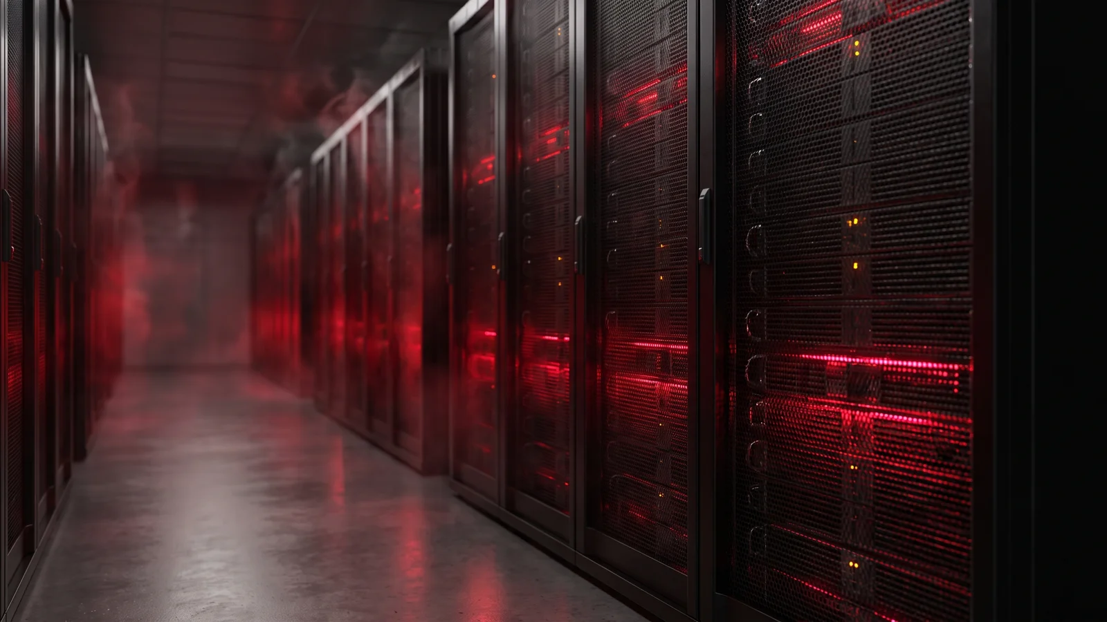 Tightly packed server racks glowing under heavy load, representing load and stress testing