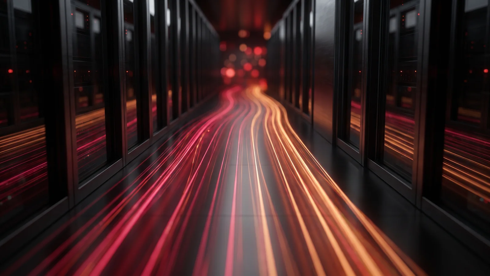 Data streams flowing through a row of server racks, representing end-to-end test processes